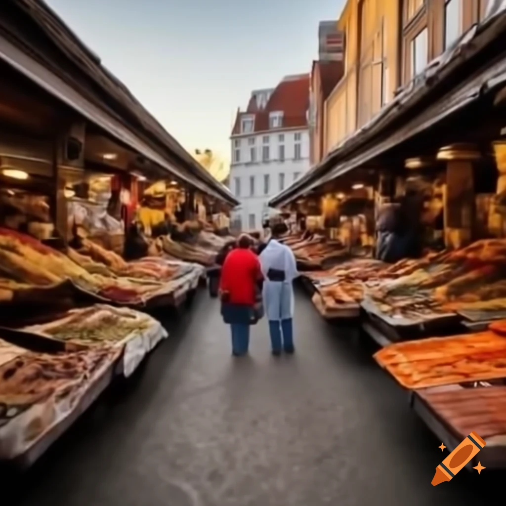 Vibrant marketplace with stalls and shoppers