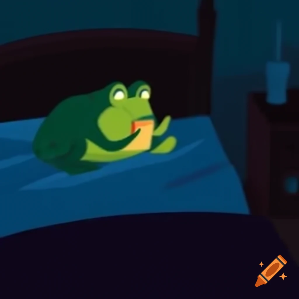 Frog sitting on bed watching phone in the dark