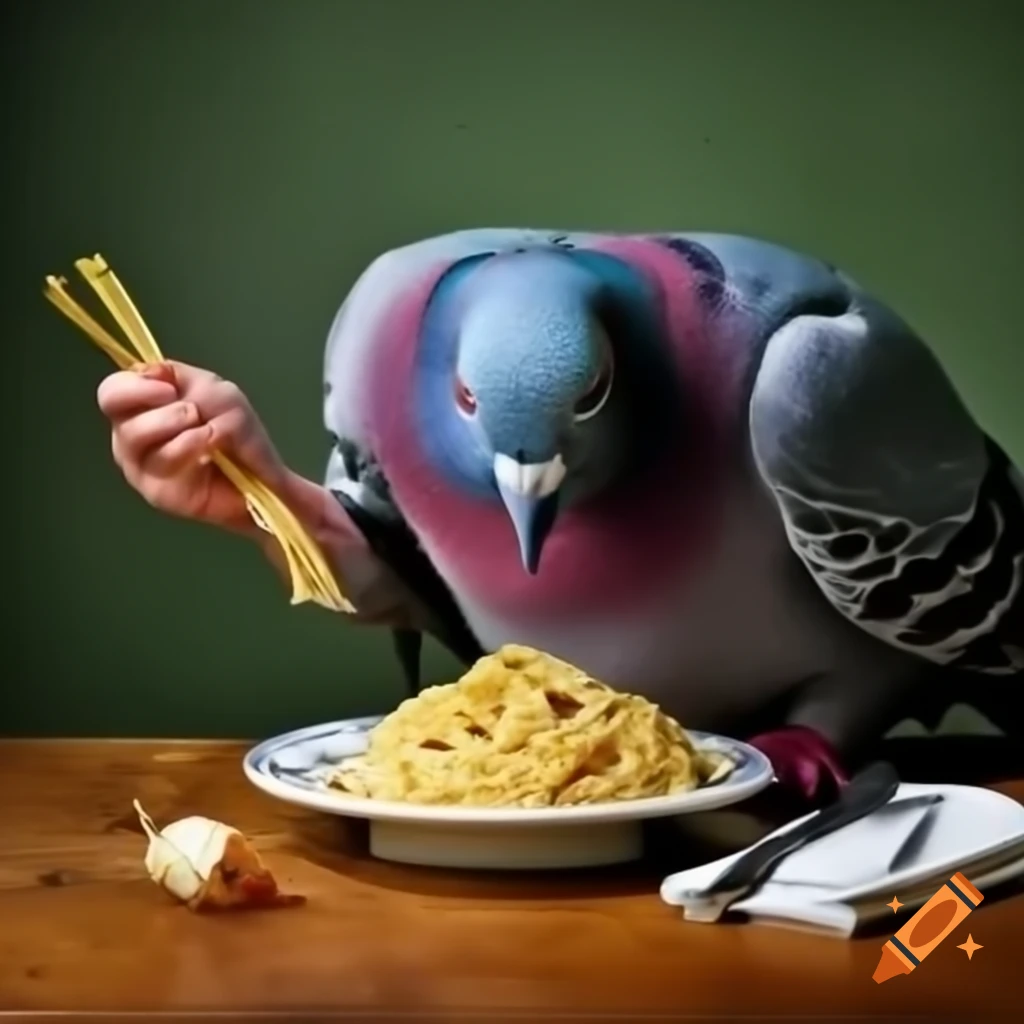 Pigeon eating spaghetti