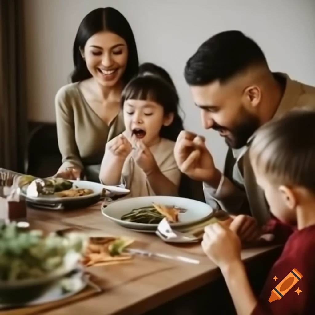 Happy family enjoying a meal together at a stylishly set table