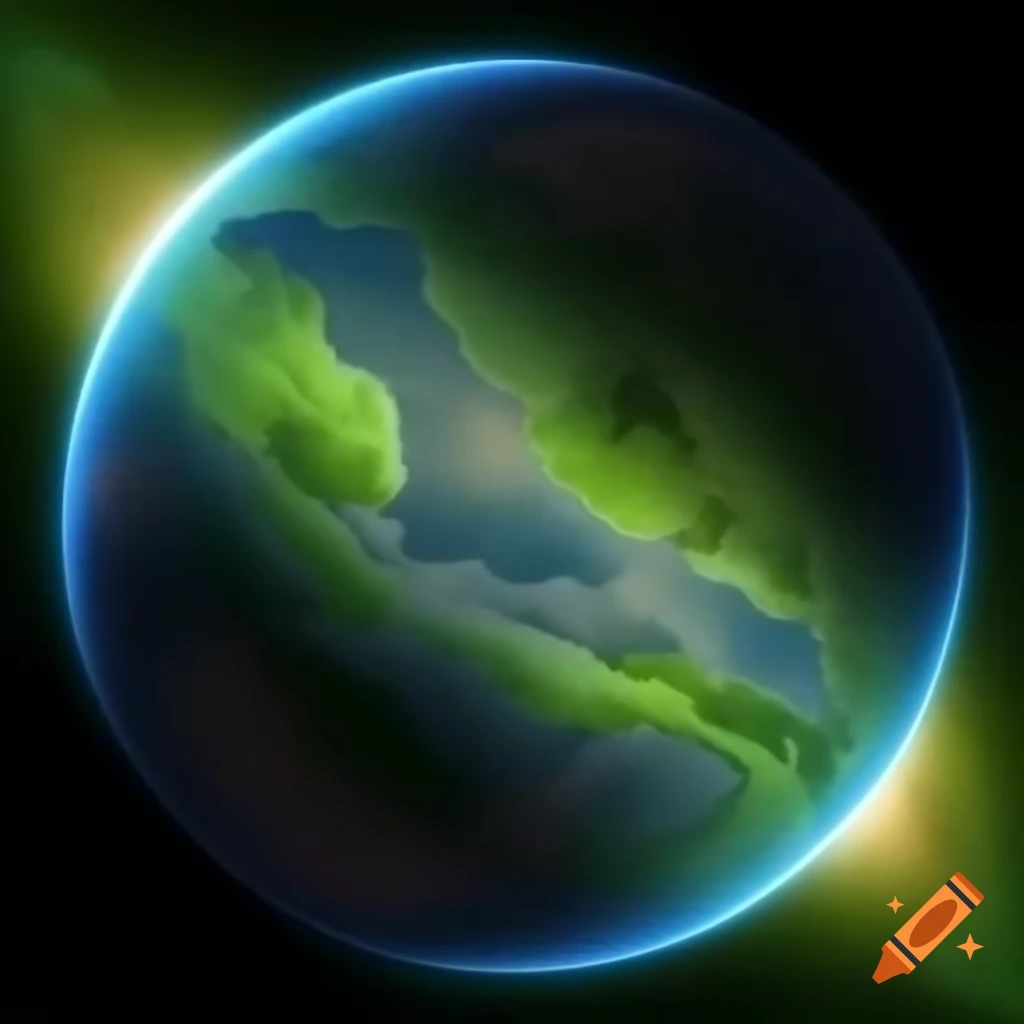 Highly detailed illustration of a planet with jungles, rivers, waterfalls, and shallow sea