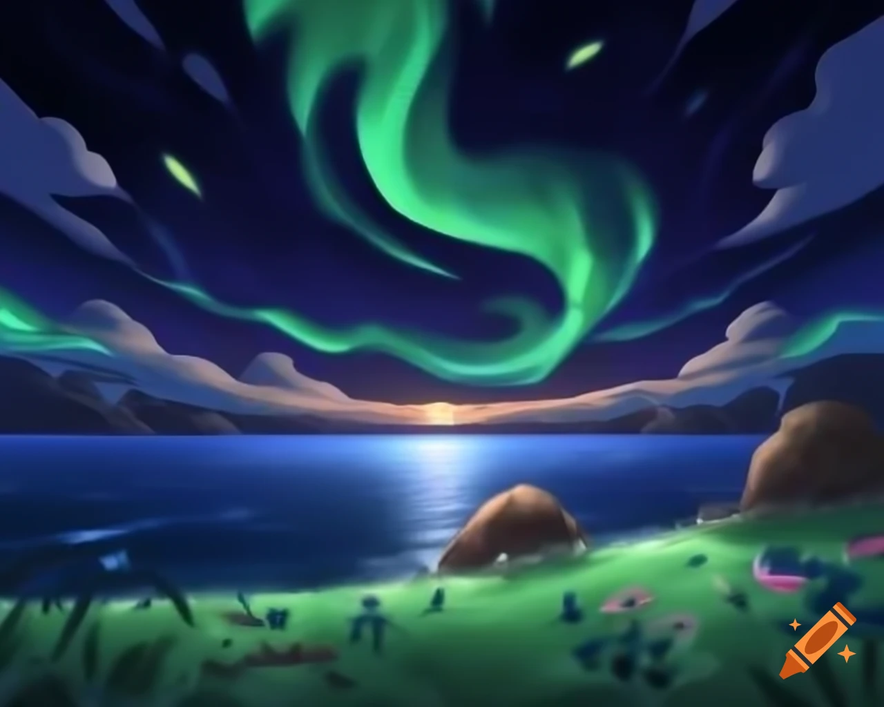 Beautiful landscape in Animal Crossing featuring Northern Lights and Galactic Sea