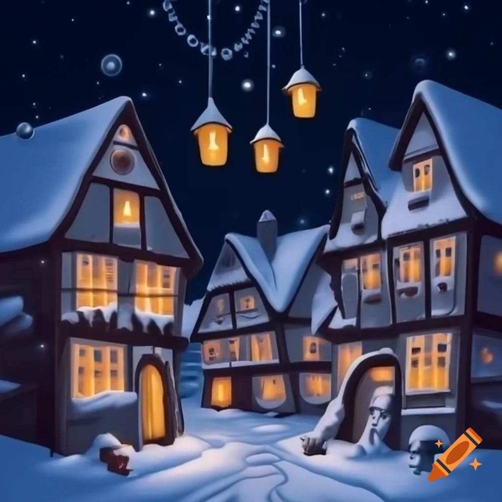 Old half-timbered houses covered in snow with glowing Christmas lights