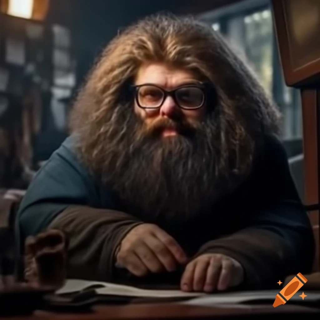 Hagrid character from Harry Potter in modern tech industry wearing glasses