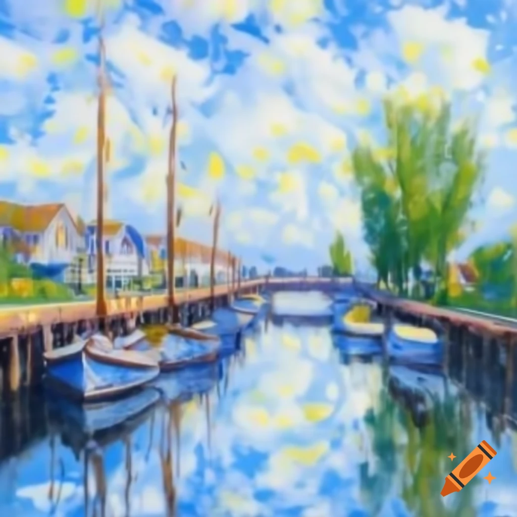 Impressionist seascape with boats, reflections, and trees in Monet style