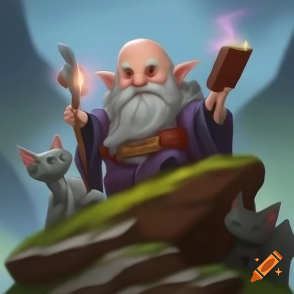 Bald bearded warlock casting spell on mountain with two grey cats and ghostly Cthulhu