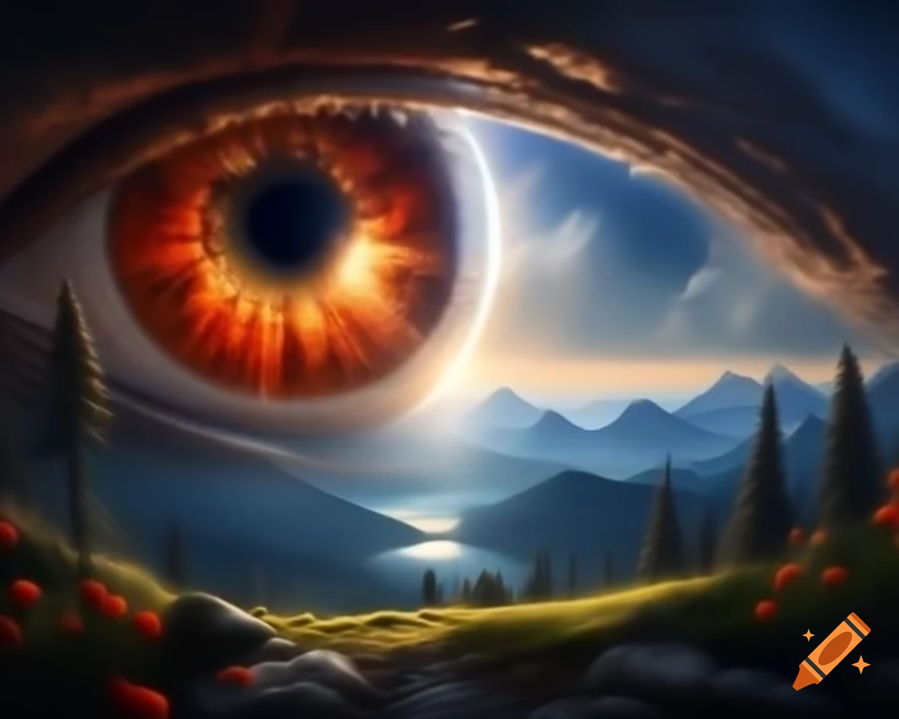 Surreal mountain range with giant eye and sea of ripened tomatoes