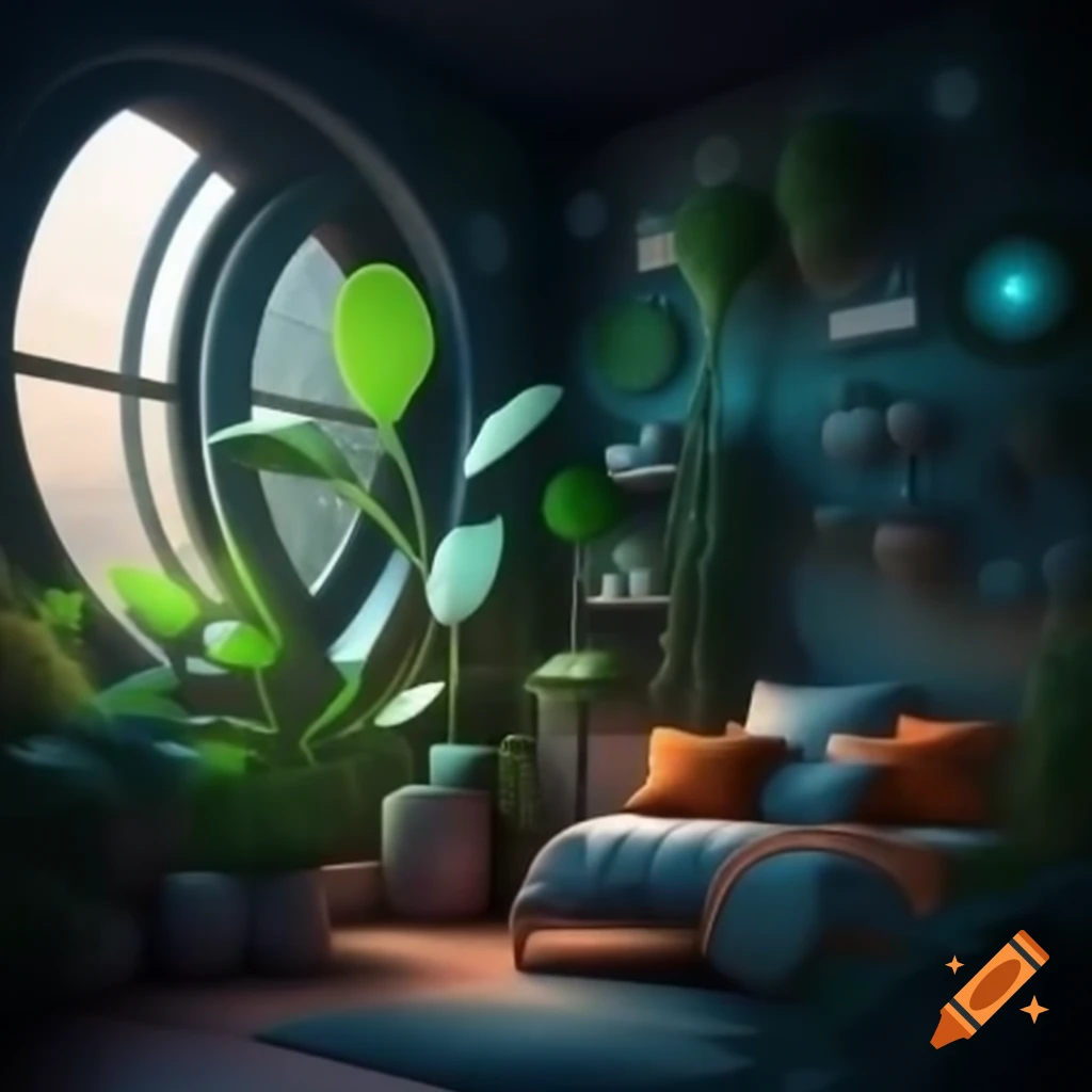 Futuristic bedroom with plants and warm lighting from window