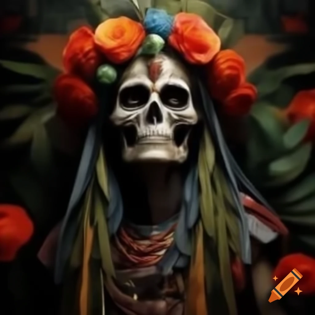Hyper-realistic depiction of Santa Muerte with feathered headdress and Maya attire