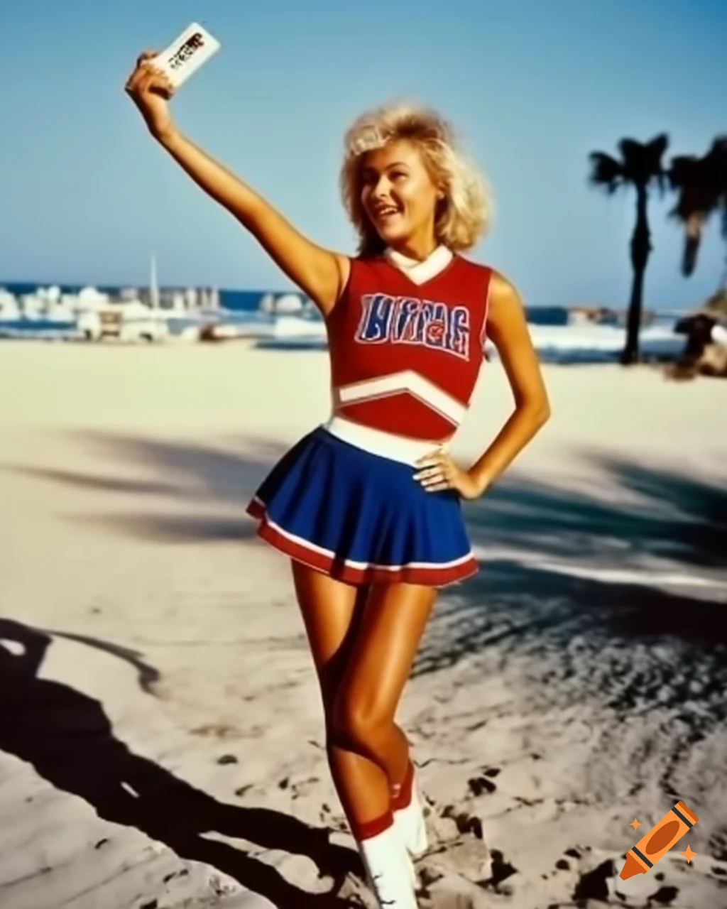 Hyperrealistic selfie of Korean idol actress in cheerleader uniform on palm beach