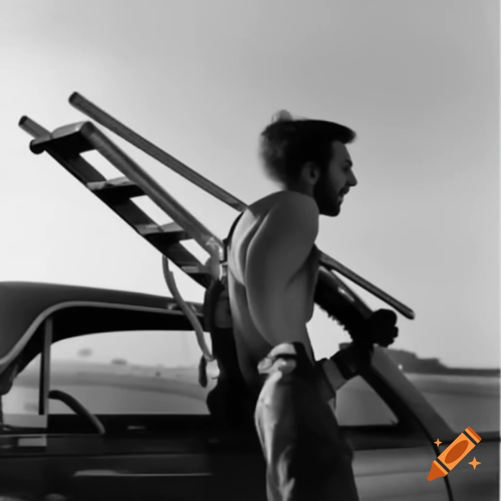 Man carrying a ladder and a car on his shoulder