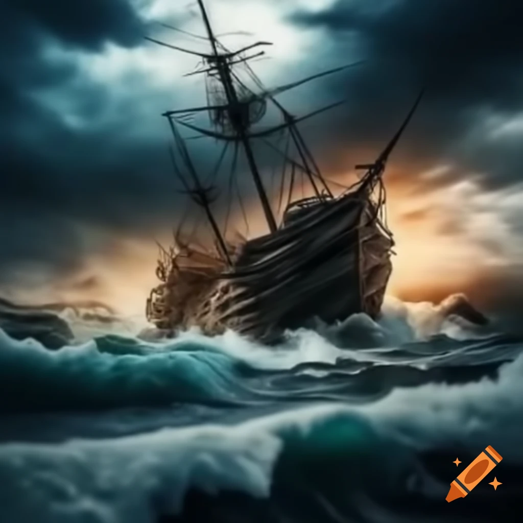 Dramatic shipwreck during stormy sea with crashing waves