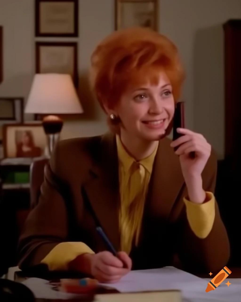 Anime style French office lady with ginger hair in high-tech gaming bedroom