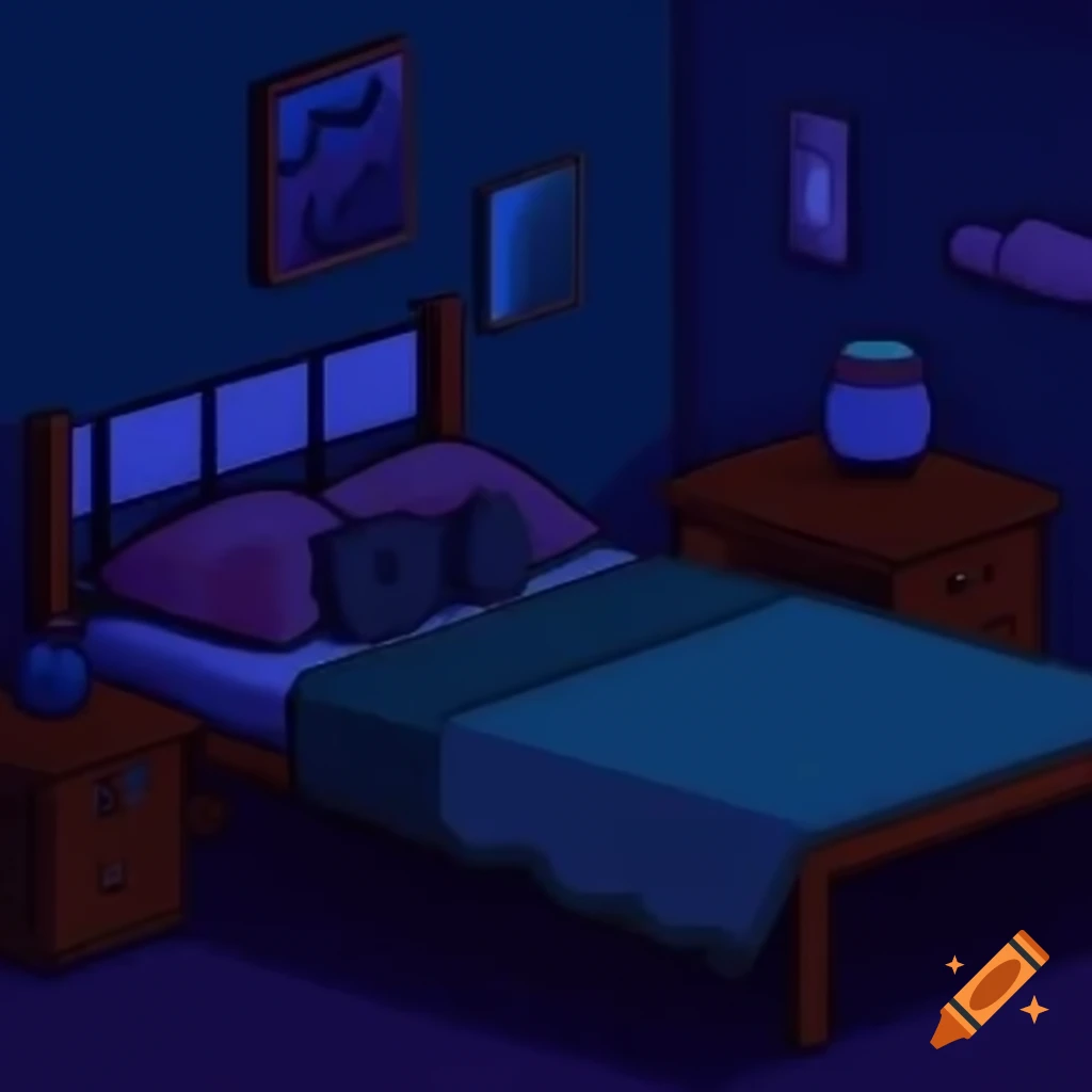 Pixel art of a bedroom at night