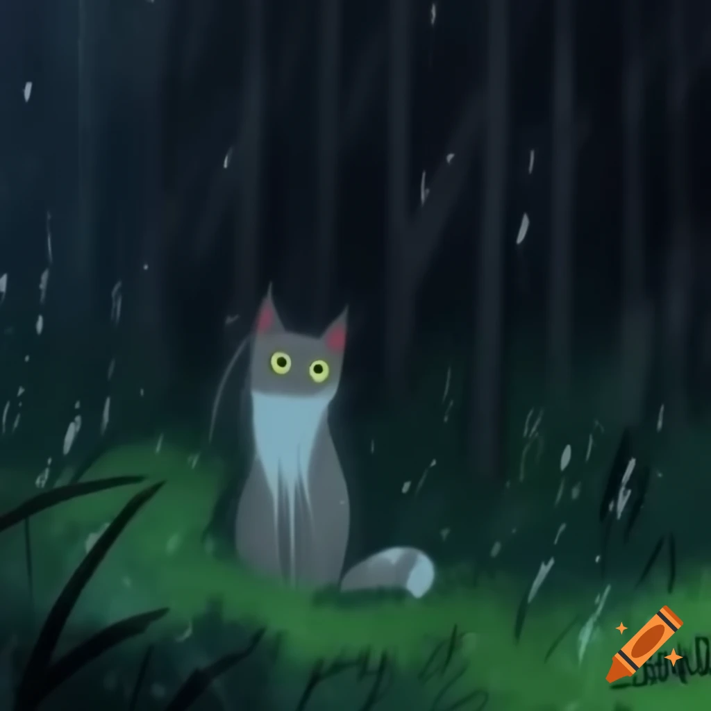 Cat in rainy forest setting