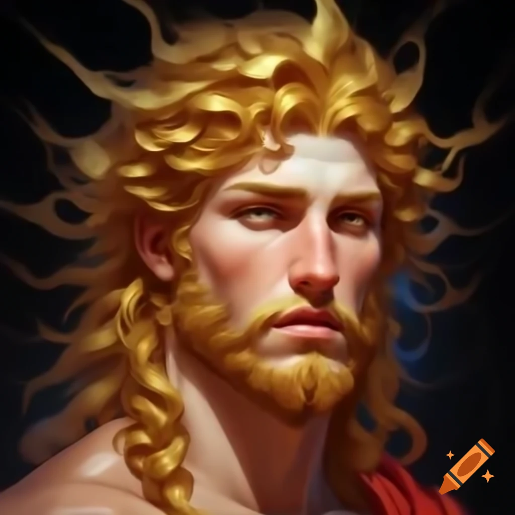 Realistic portrait of Greek god Apollo, depicting sun rays and golden hair