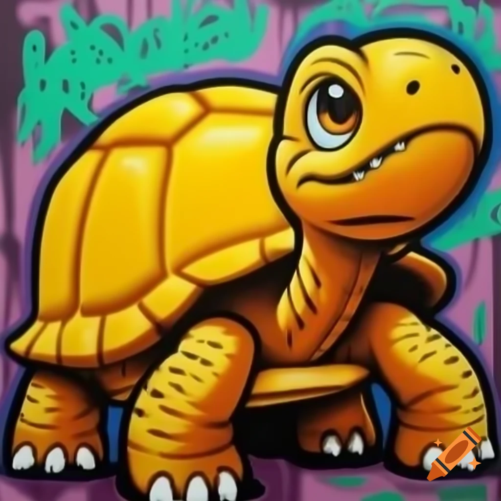 Graffiti art of a 1990's Nintendo-style yellow-orange tortoise monster with green accents and blue shell