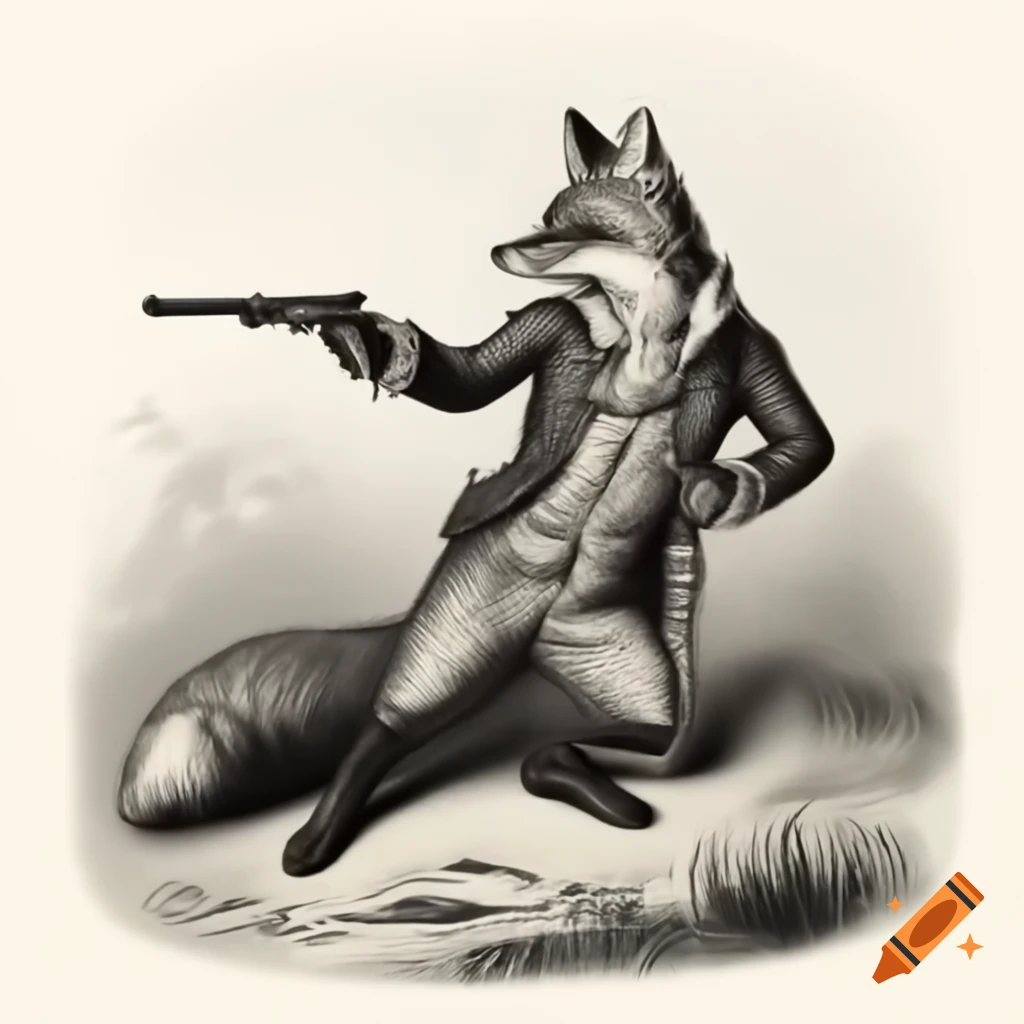 Vintage 1800s etching of a fox wielding a gun
