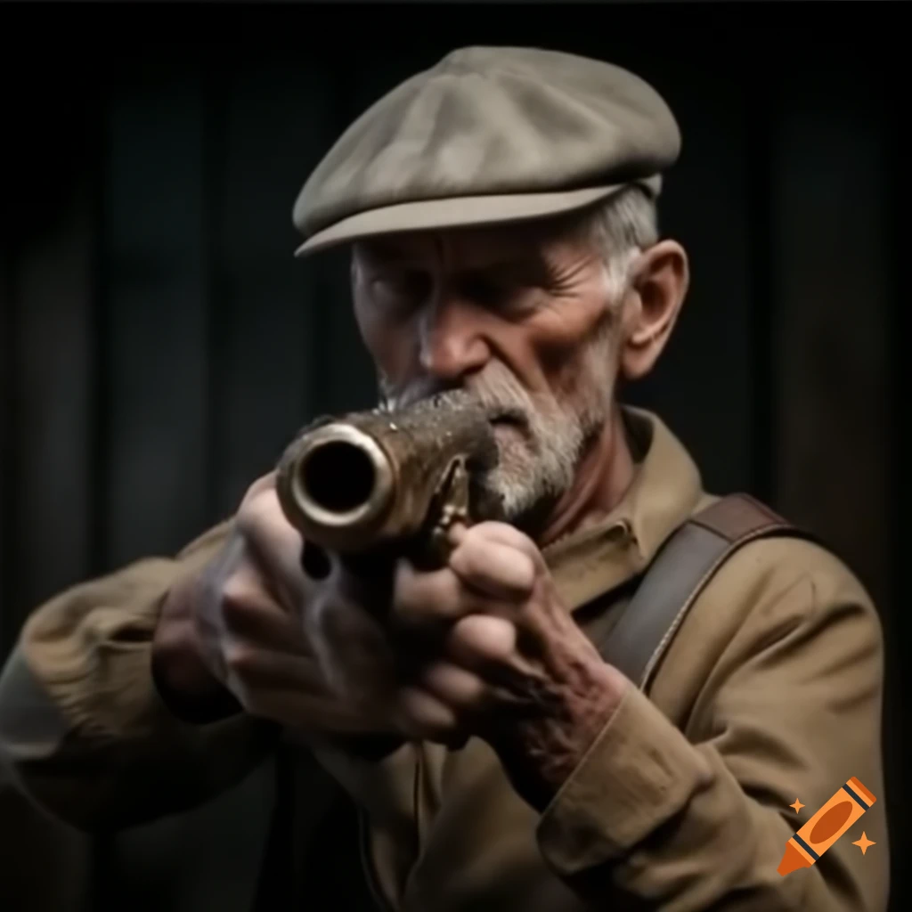 Old man using flintlock muzzle loader in realistic setting