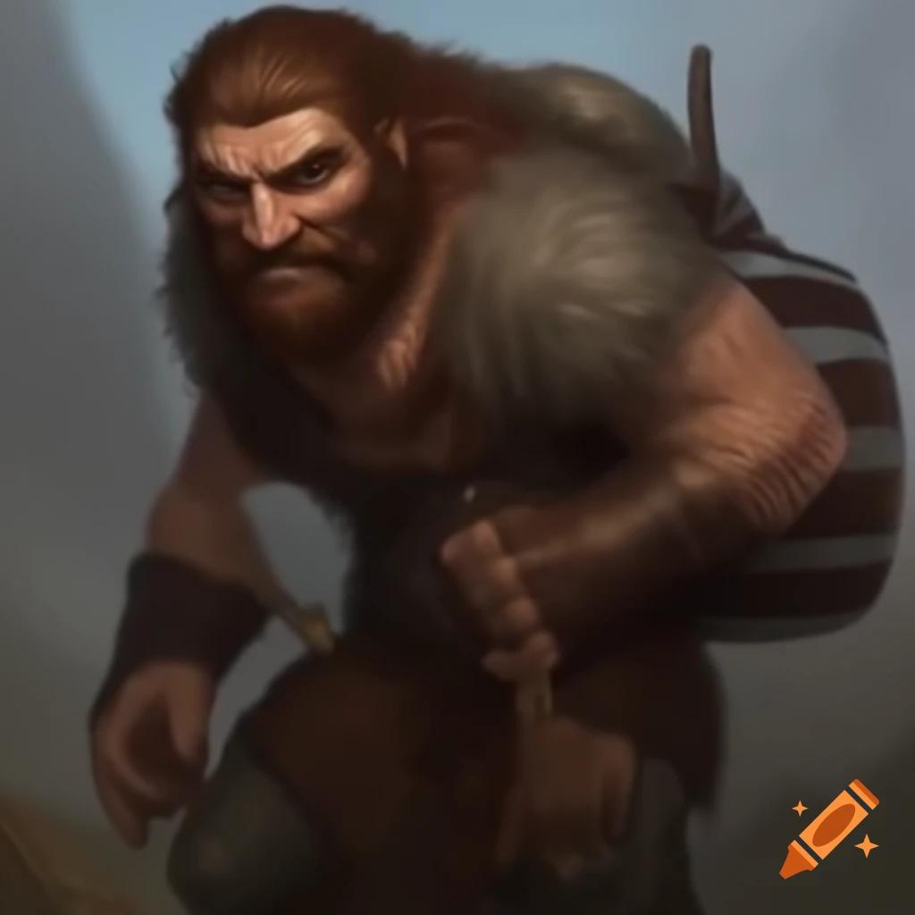Fur clad barbarian with beer keg as backpack