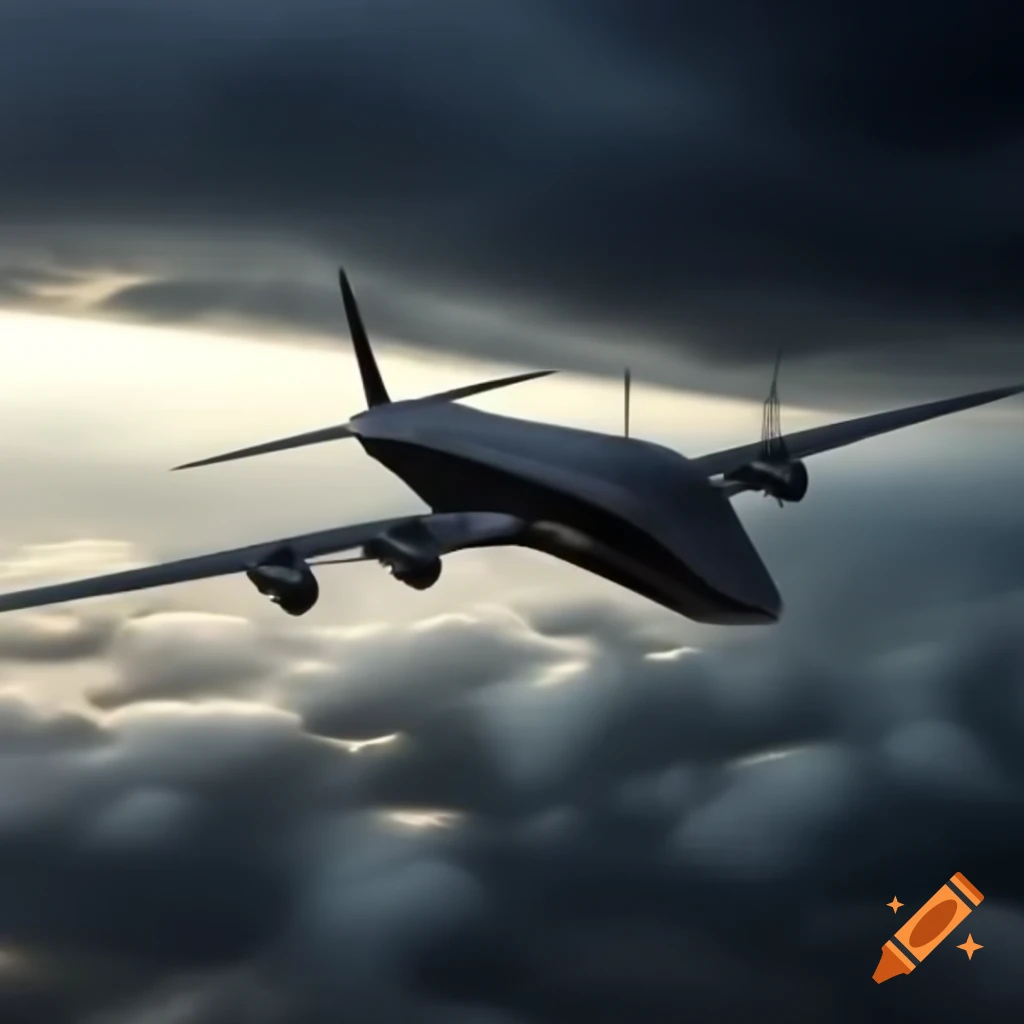 Giant black minimalistic plane with rectangular shapes approaching a storm