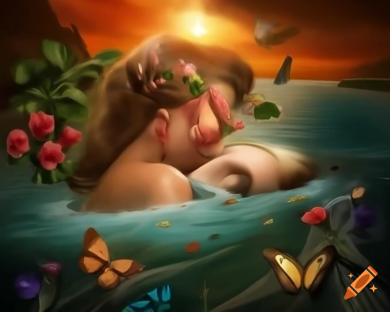 Woman of unimaginable beauty with golden flowing hair in a dreamlike setting