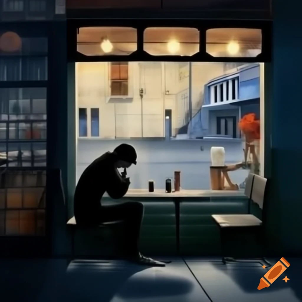 Evening scene of a person sitting by a window in a coffee shop with streetlights glowing