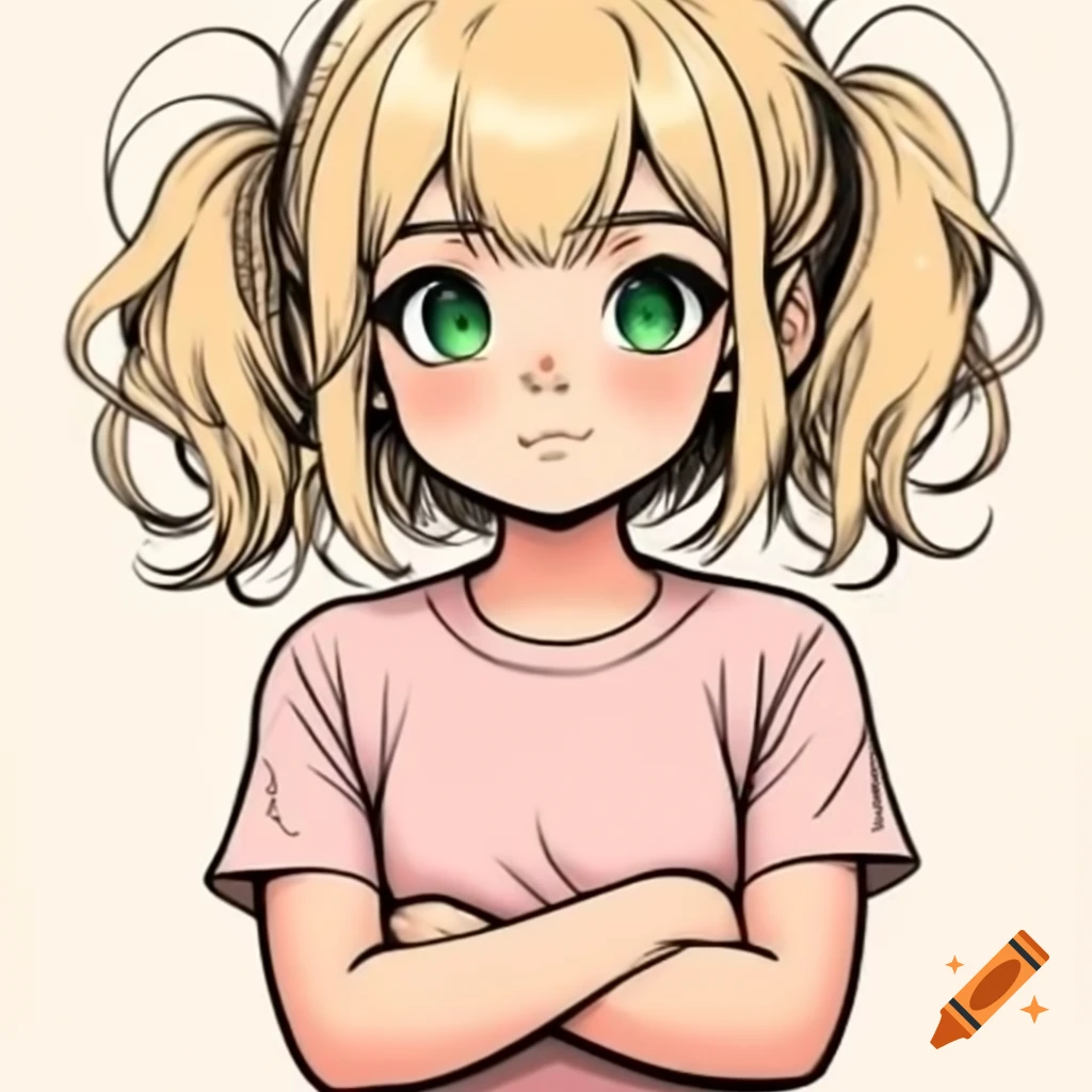 Anime style girl with blonde hair and dark green eyes in pink