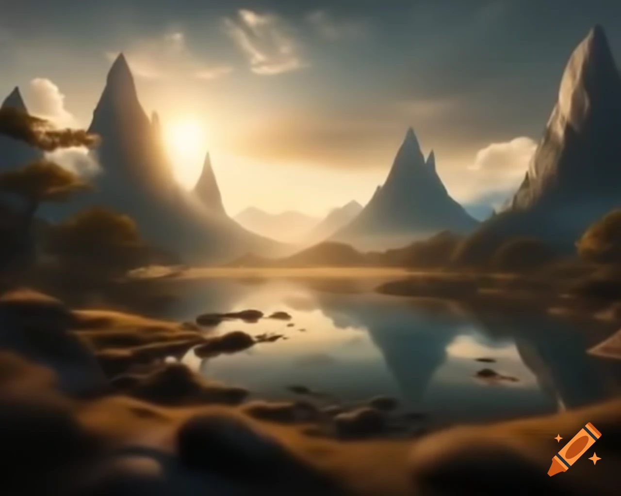 Breathtaking mountain range with rivers and trees in ancient land