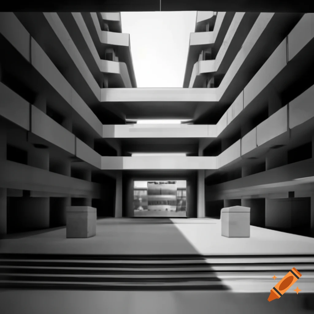 Monochrome Brutalist outdoor courtyard public space