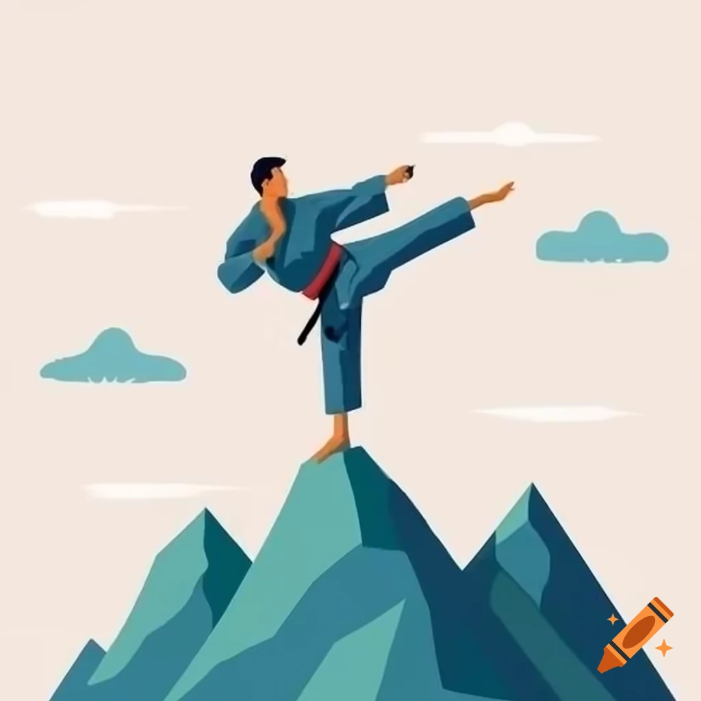 Stylized graphic of male taekwondo fighter on a mountain