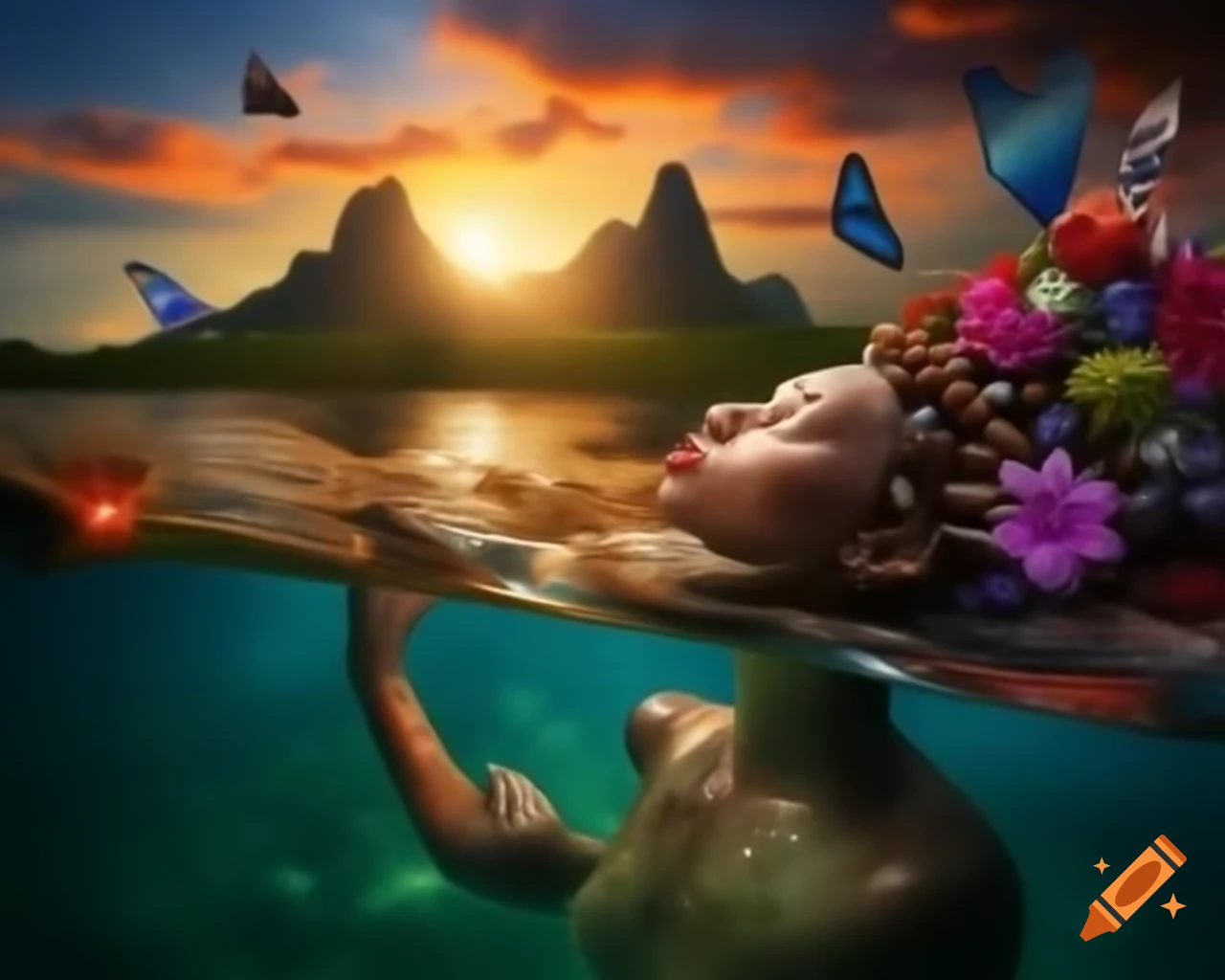 Beautiful woman in tropical paradise with colorful objects and butterflies