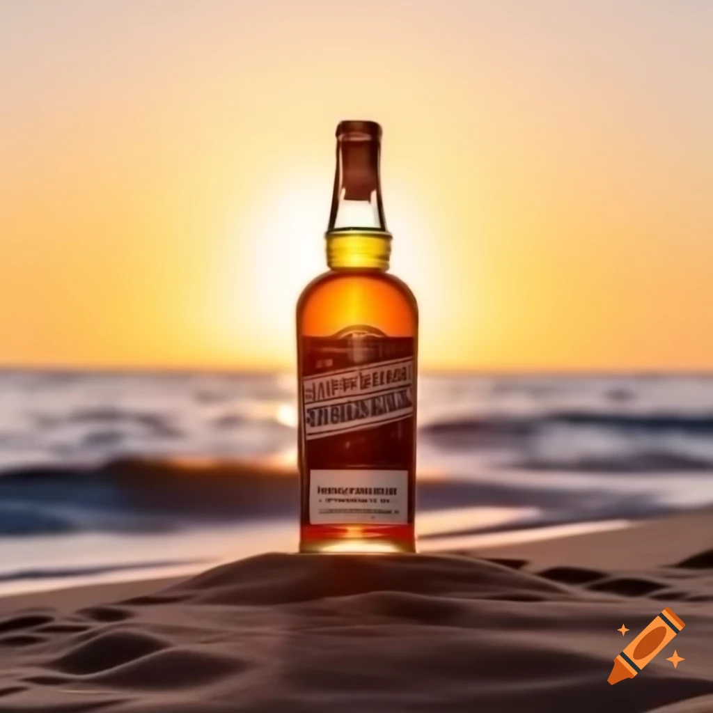 Bottle of rum in the sand at dawn on a beach, brand Pertelo