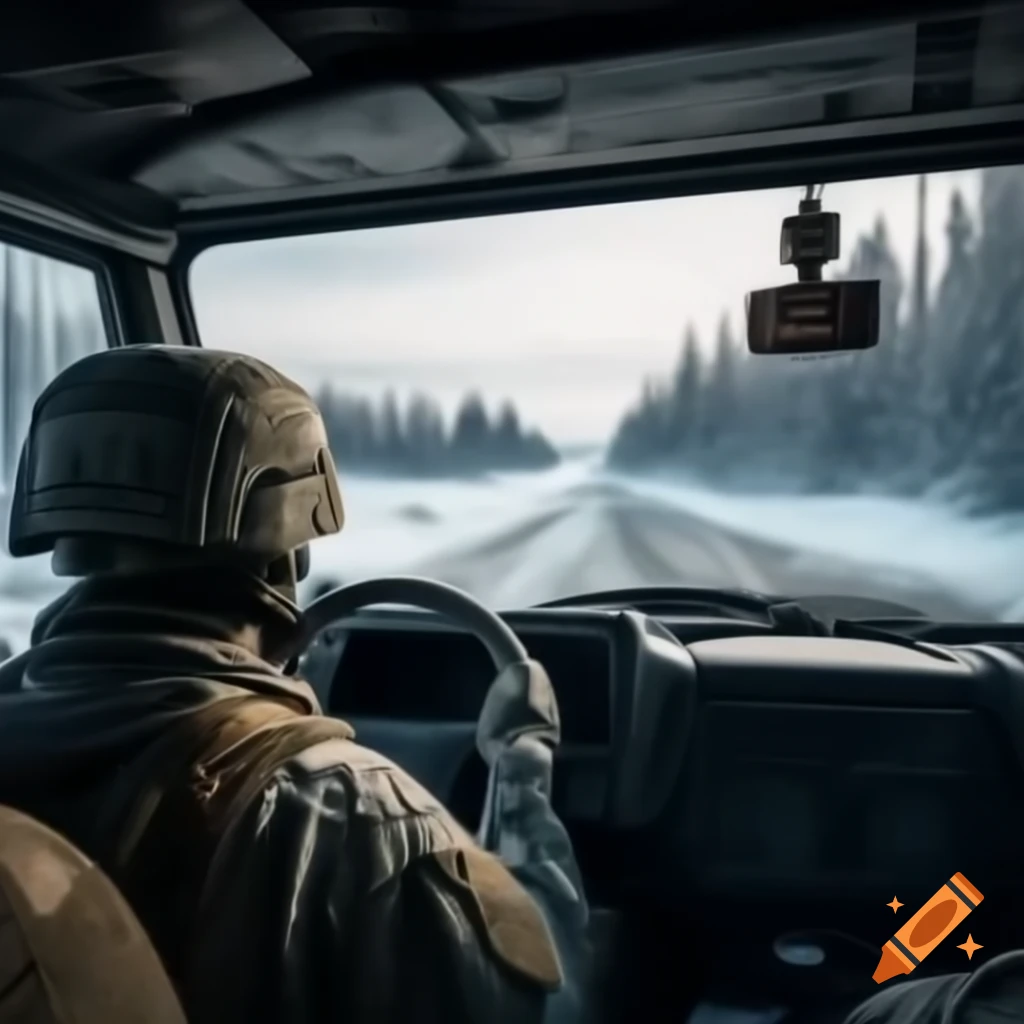 Soldier driving military off-road vehicle through snowy forest in winter