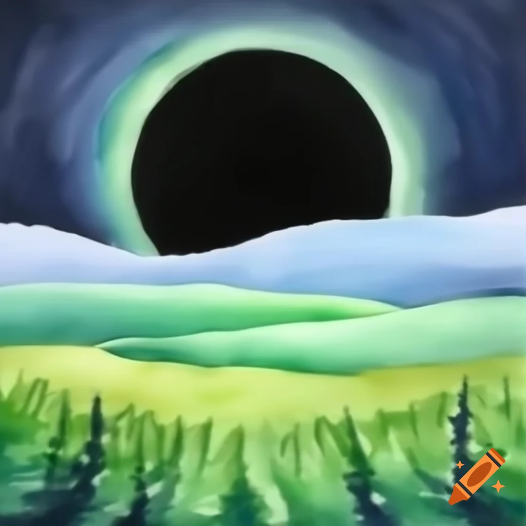 Abstract drawing of black hole event horizon with green wormwood entity, oil pastel on canvas