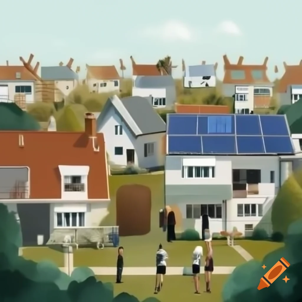 Neighborhood with photovoltaic roofs and community interaction