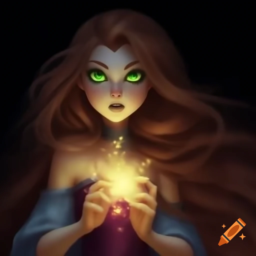 Villainous enchantress conjuring fireworks with flowing brown hair and green eyes