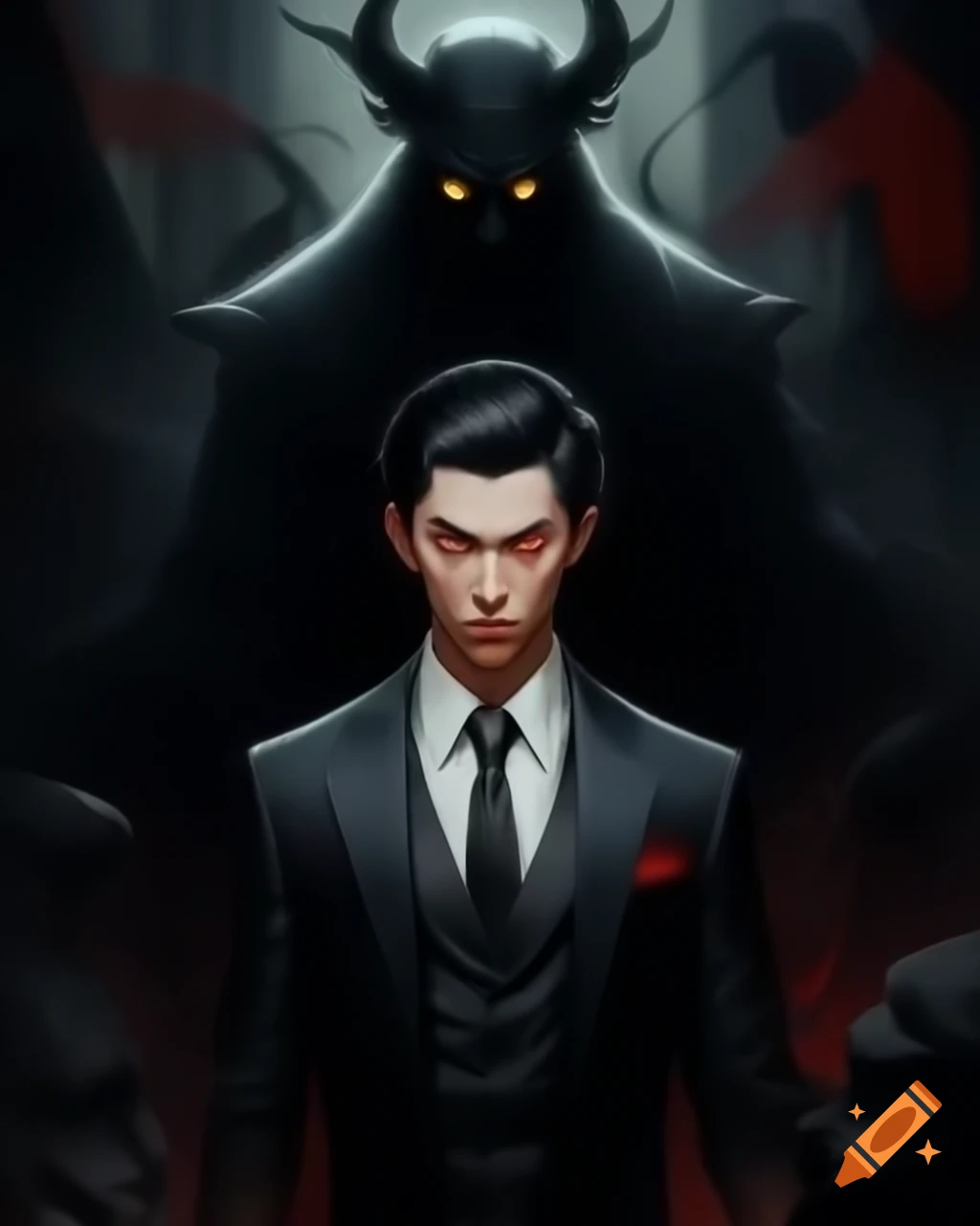 Asian man in suit with ominous demonic shadow
