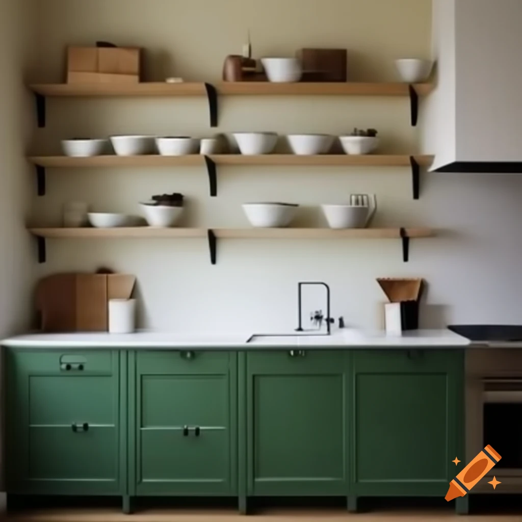Nordic kitchen design with green cabinets, open shelving, and butcher block countertops
