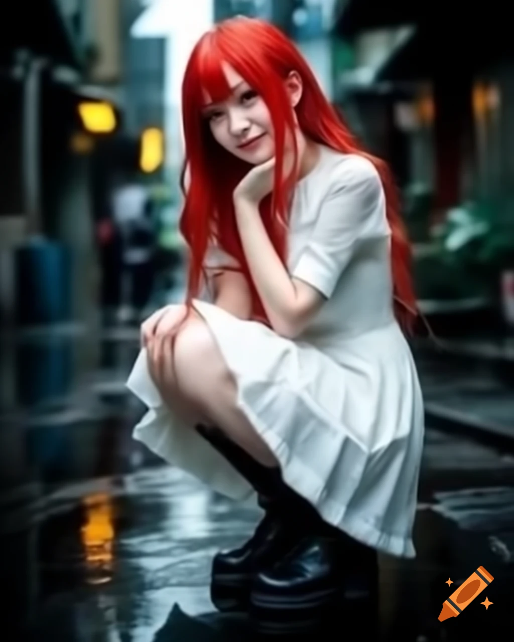Anime woman with red hair smiling in white dress, rain backdrop