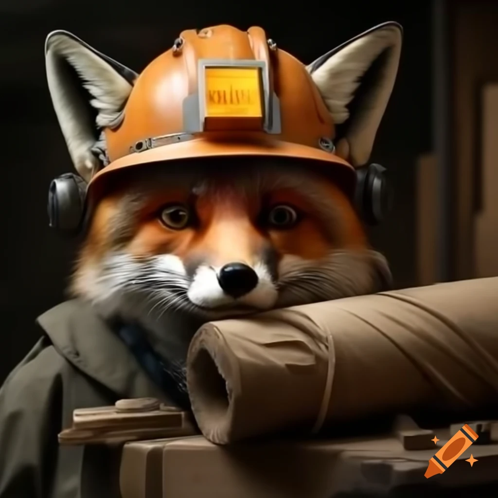 Fox curled around worksite helmet
