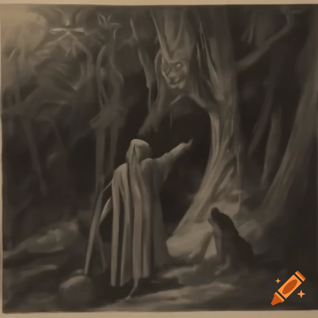 Highly detailed sketch of 11th century wanderer in dark forest landscape