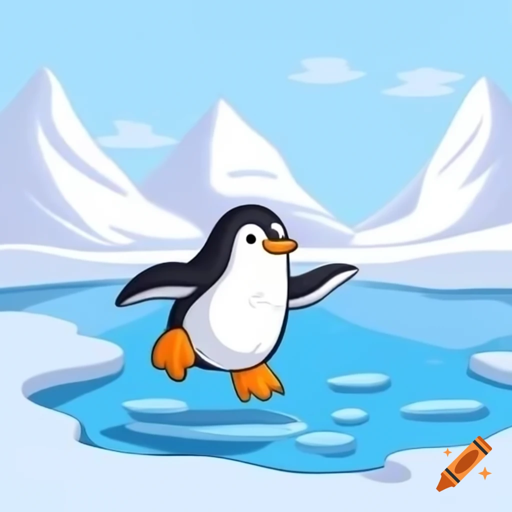 Cartoon penguin jumping out of frozen lake