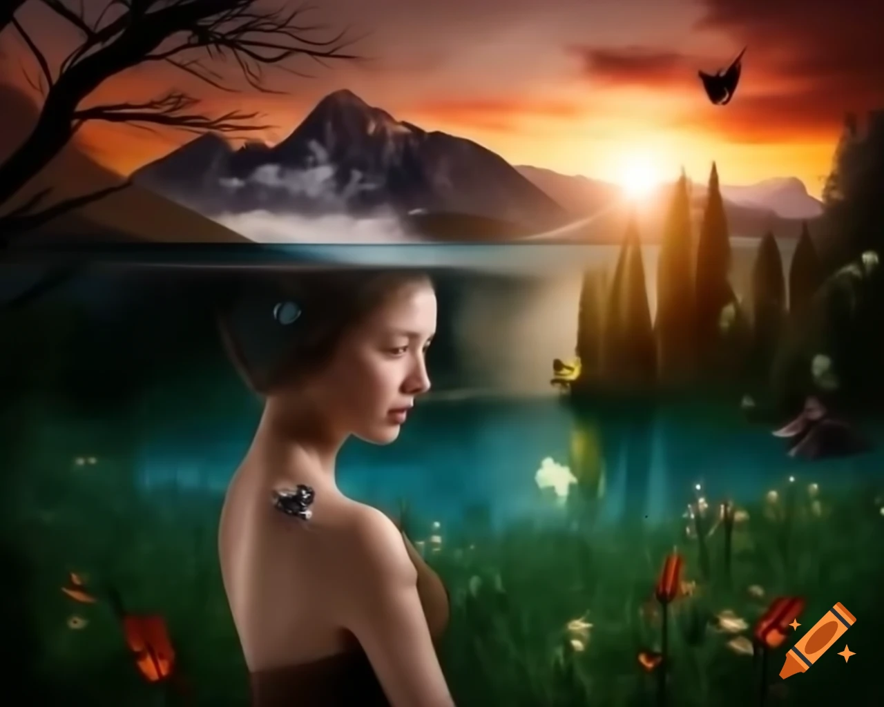 Surreal woman’s face intertwined with ancient trees and wildflowers