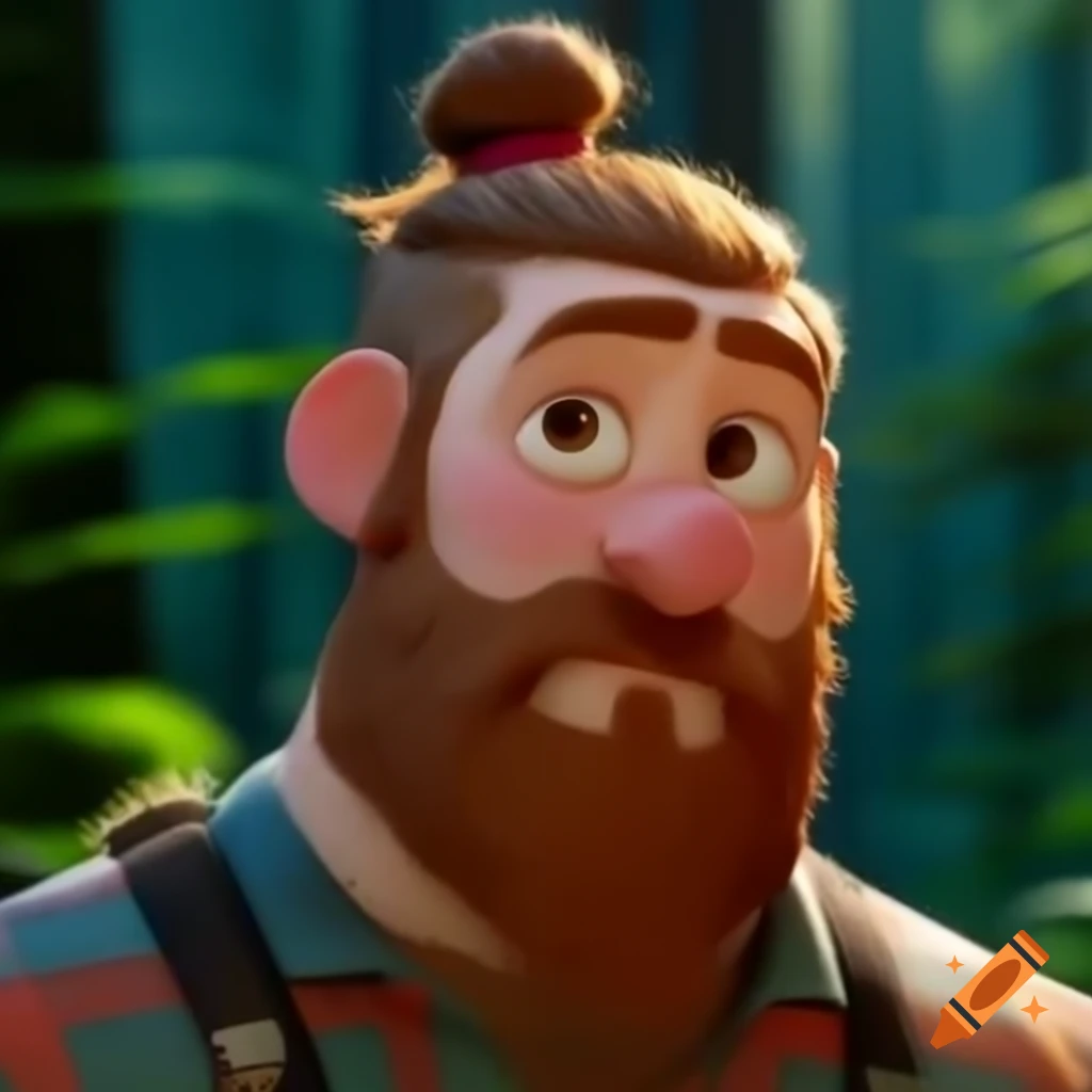 Pixar style avatar of bearded man with man bun in lumberjack shirt, soft focused dense forest background