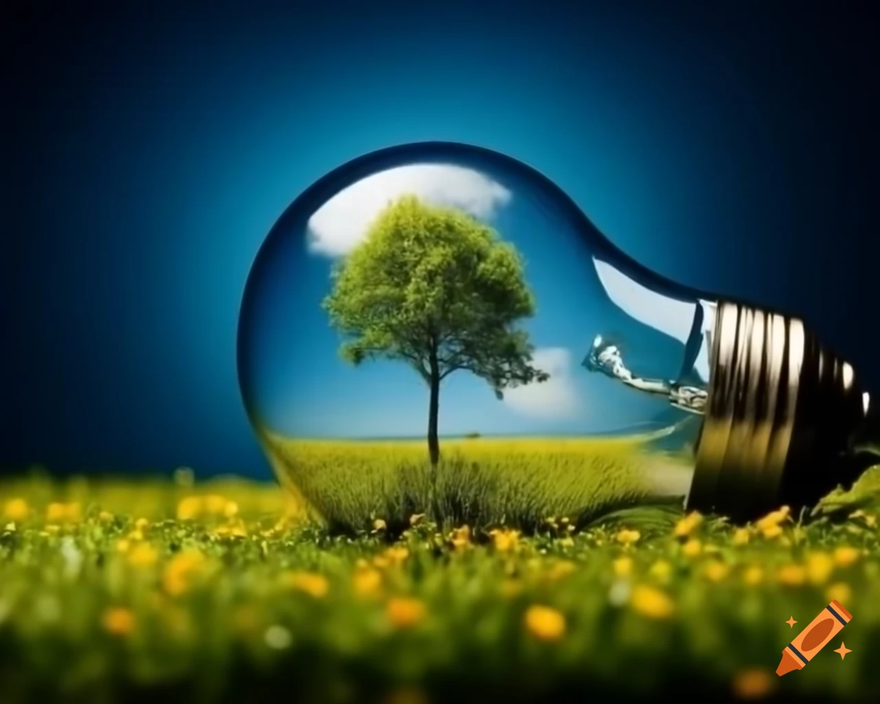 Light bulb containing meadow and tree against blue and gold background