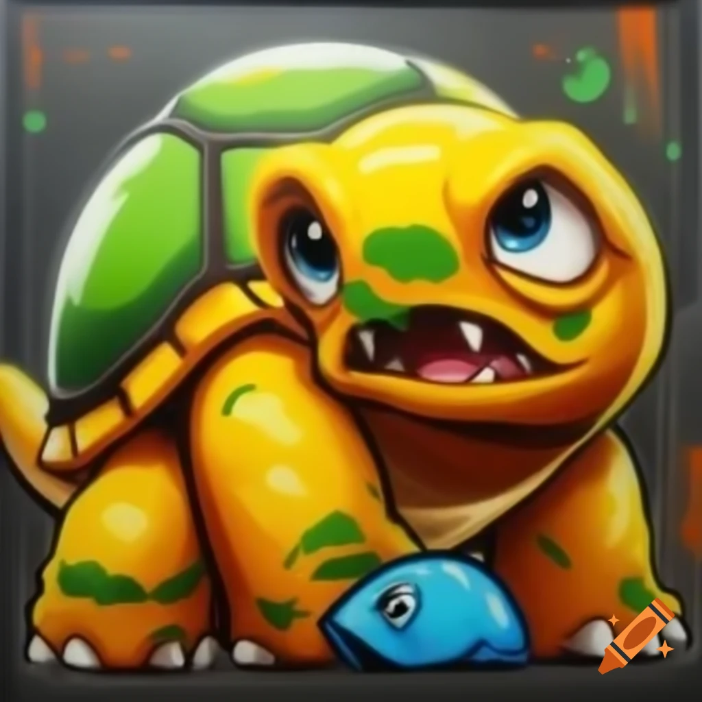 Graffiti art of retro Nintendo tortoise monster in yellow-orange and green with blue shell