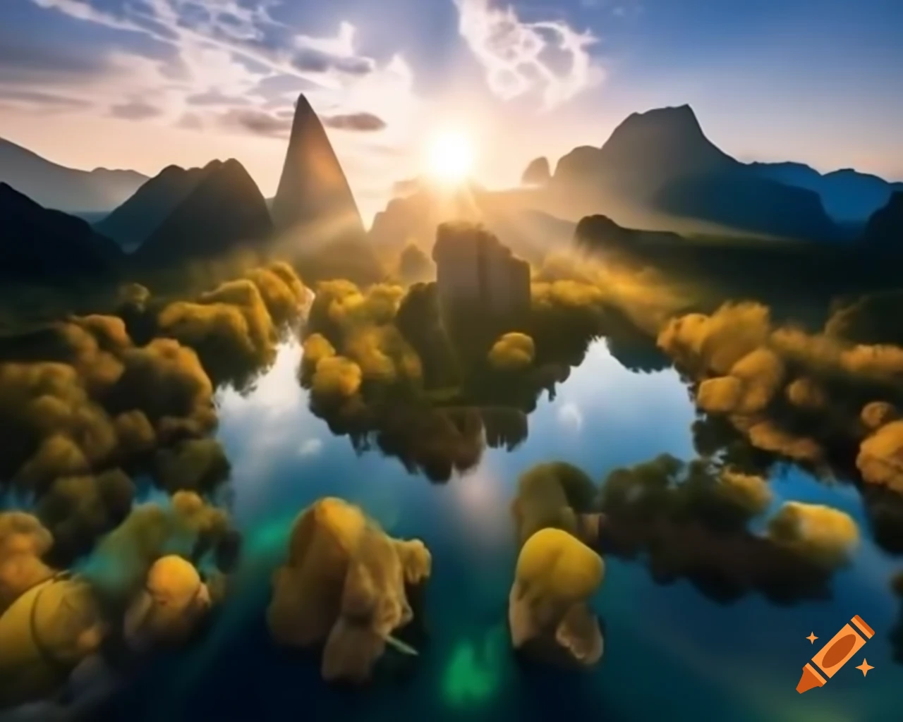 Legendary mountain lake shining in wilderness with towering peaks