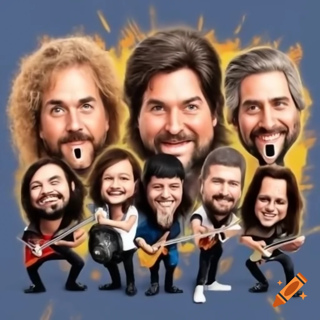 Caricature of a band with 9 members including horn players and rock musicians