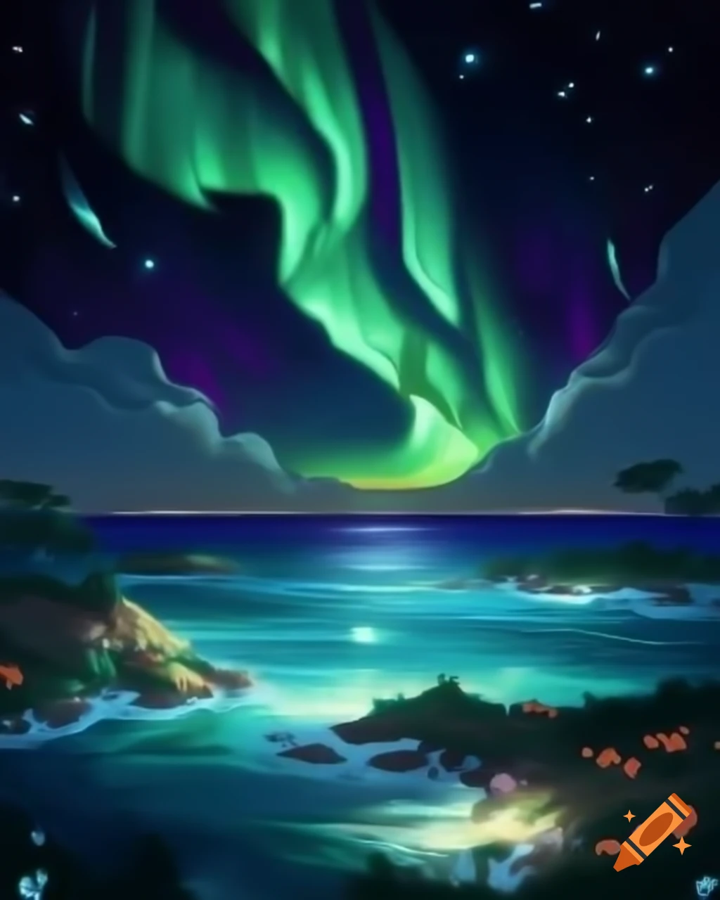 Beautiful landscape in Animal Crossing featuring Northern Lights and Galactic Sea